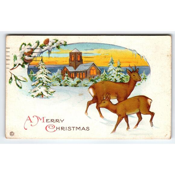 Vintage 1922 Christmas Postcard with Deer & Church Winter Scene Stecher Embossed - Picture 1 of 2